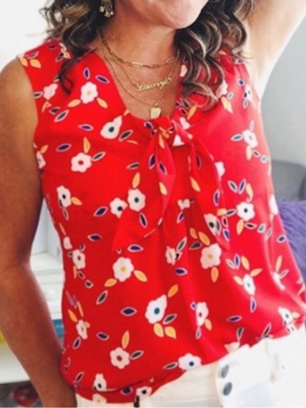 CAbi Red Floral Top Blouse Tie-Neck Sleeveless Camisole 5734 Limited Edition L